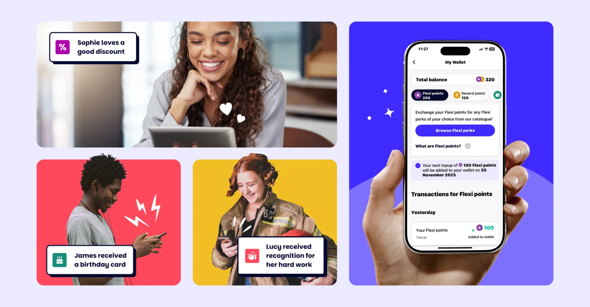 Collage showcasing individuals enjoying discounts, celebrating a birthday, and using a mobile app for recognition.