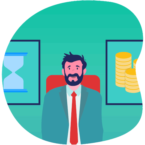 A bearded man in a suit sits at a desk with frames depicting an hourglass and stacks of coins in the background.
