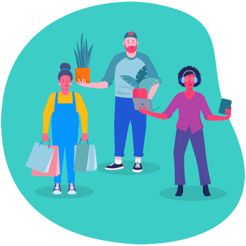 Three animated characters: a woman with shopping bags, a man holding plants, and another woman using a phone.