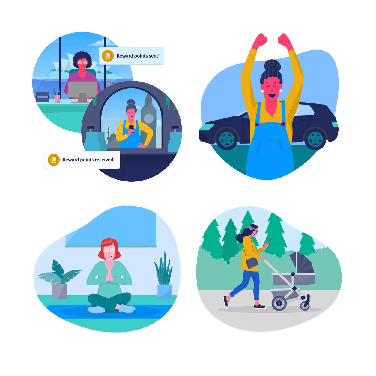 Four illustrations depicting rewards: a woman celebrating, someone meditating, a person in a car, and a parent with a