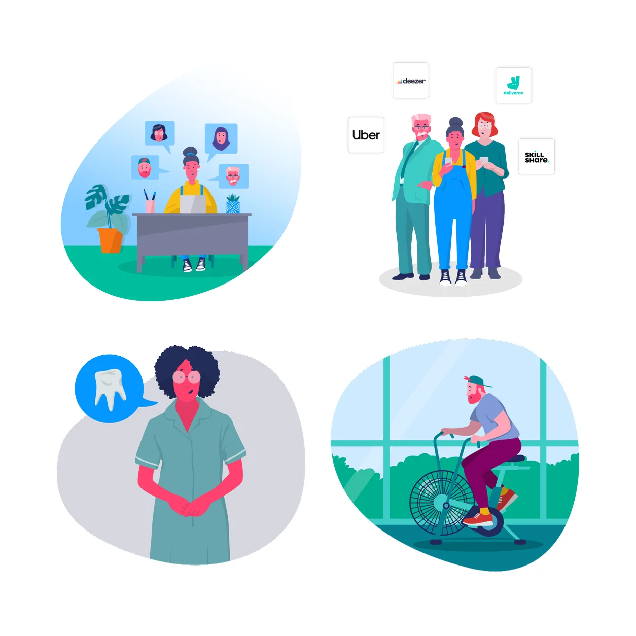 Collage featuring an office scene, a group of people, a woman speaking, and a man exercising on a bike.