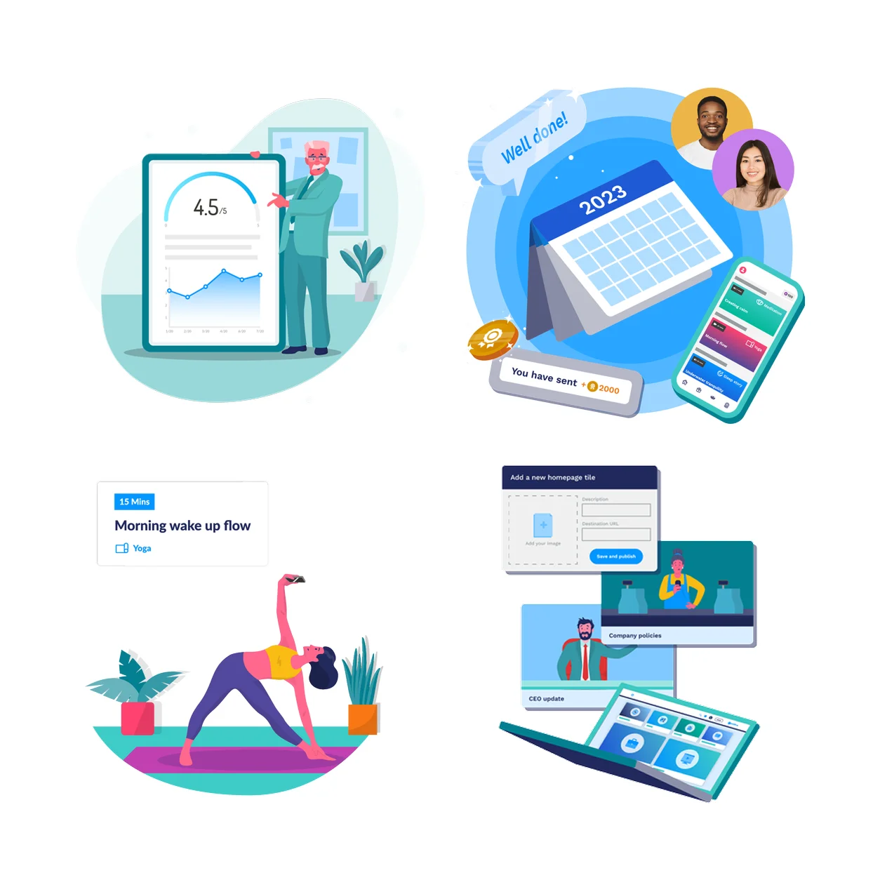 Collage with illustrations of business graphics, a calendar, a smartphone, yoga, and digital platforms.