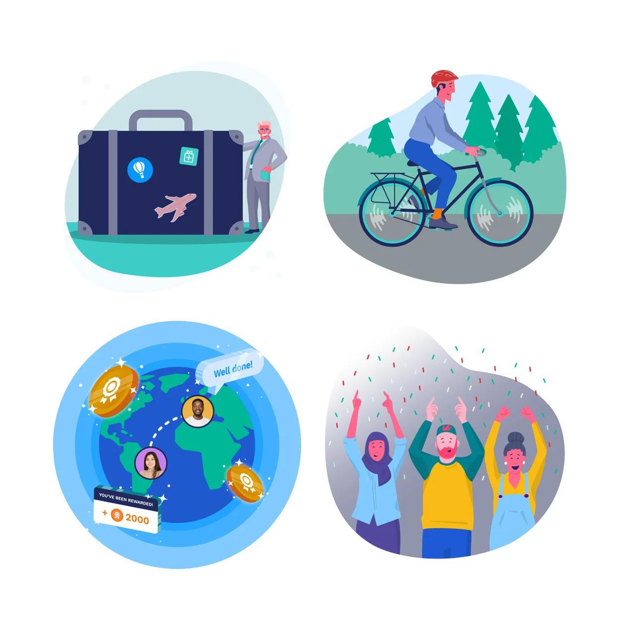 Four illustrated scenes: suitcase, cyclist, globe with connections, and joyful people celebrating.