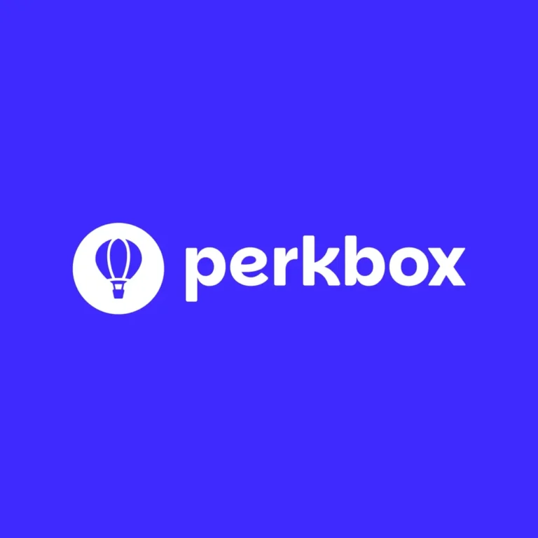 Blue background with a white balloon icon and the word "perkbox" in bold white letters.