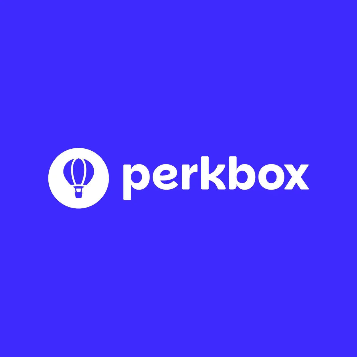 Blue background with a white balloon icon and the word "perkbox" in bold white letters.