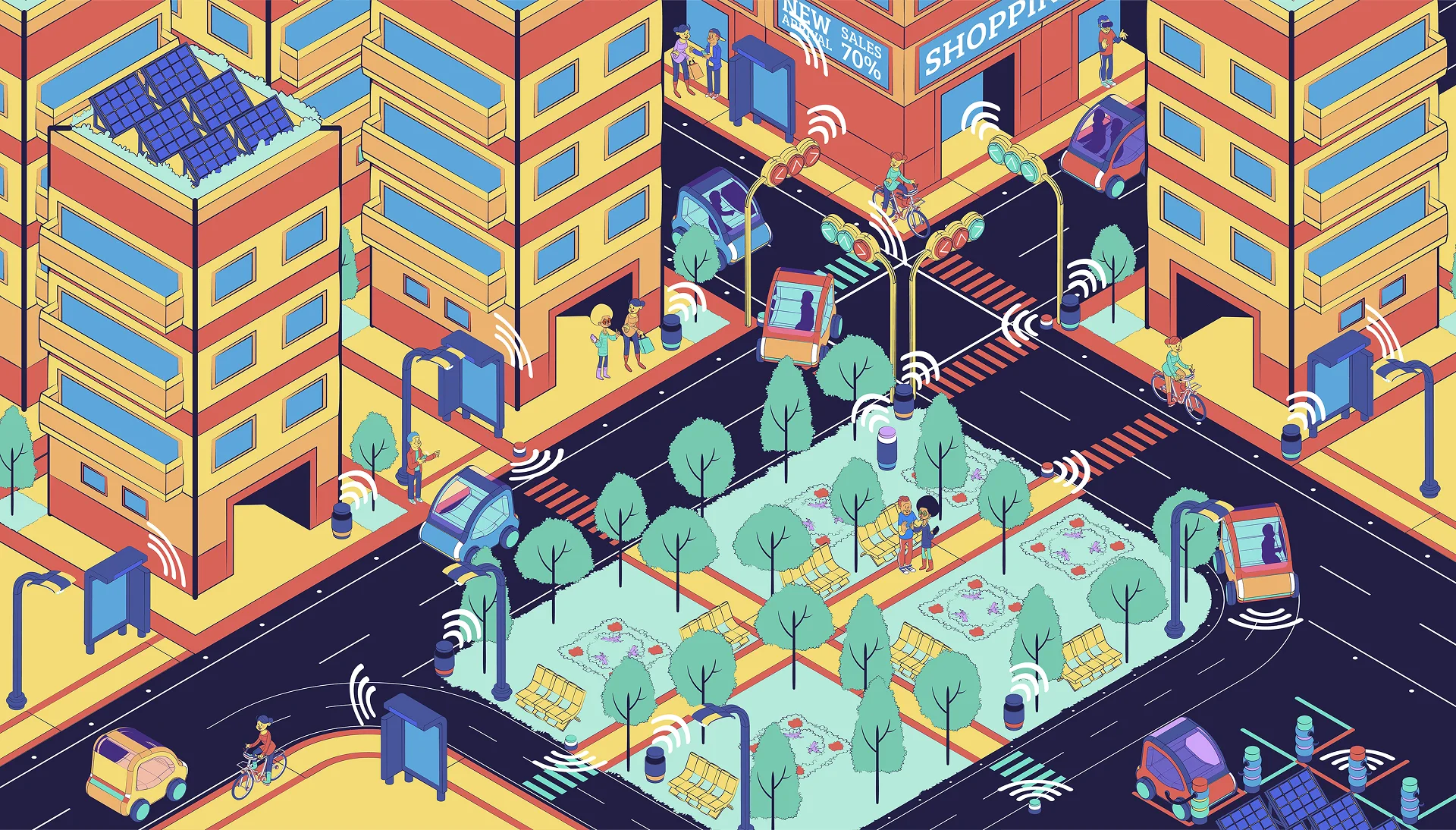 A colorful urban scene depicting connected buildings, vehicles, trees, and a busy intersection in a smart city layout.
