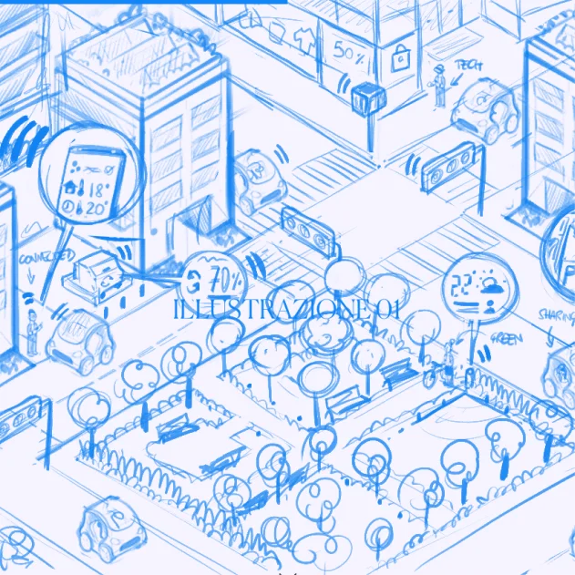Sketch of a smart city with buildings, vehicles, trees, and digital displays showing weather and data metrics.