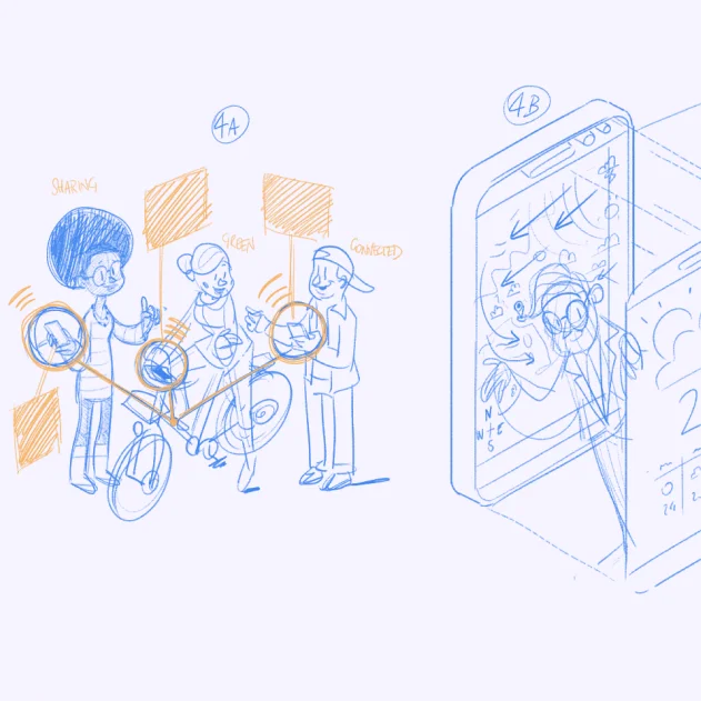 Illustration of three people interacting with devices and a smartphone displaying data in a smart city context.