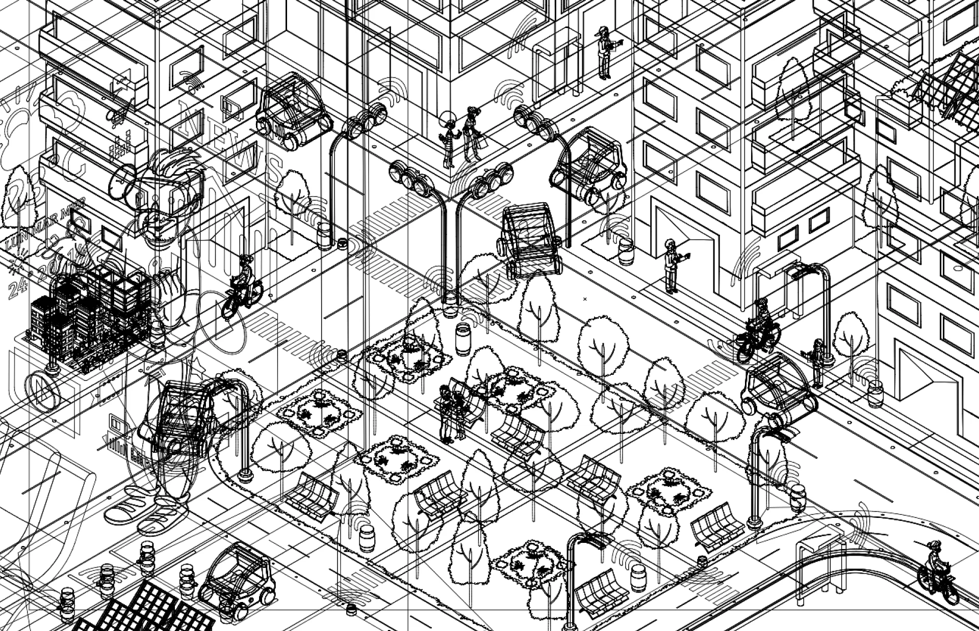 Detailed line art of a smart city layout featuring buildings, trees, vehicles, and solar panels.