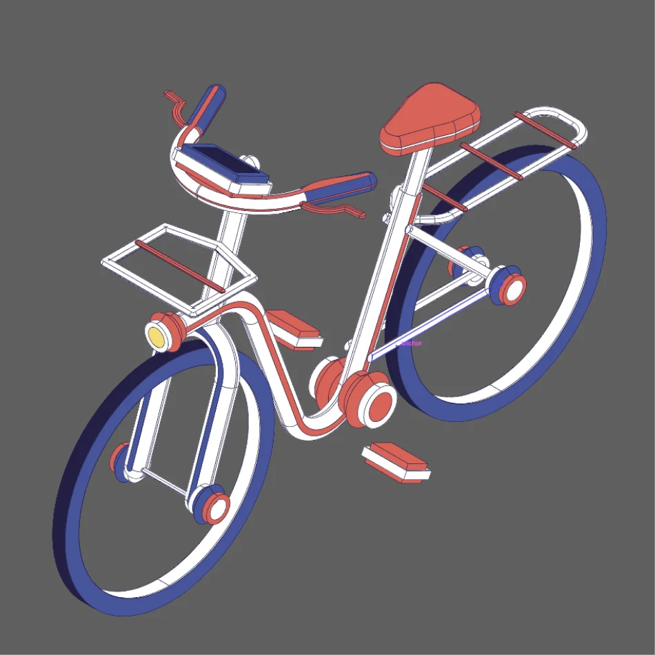 Colorful, stylized bicycle design in red, white, and blue against a gray background.