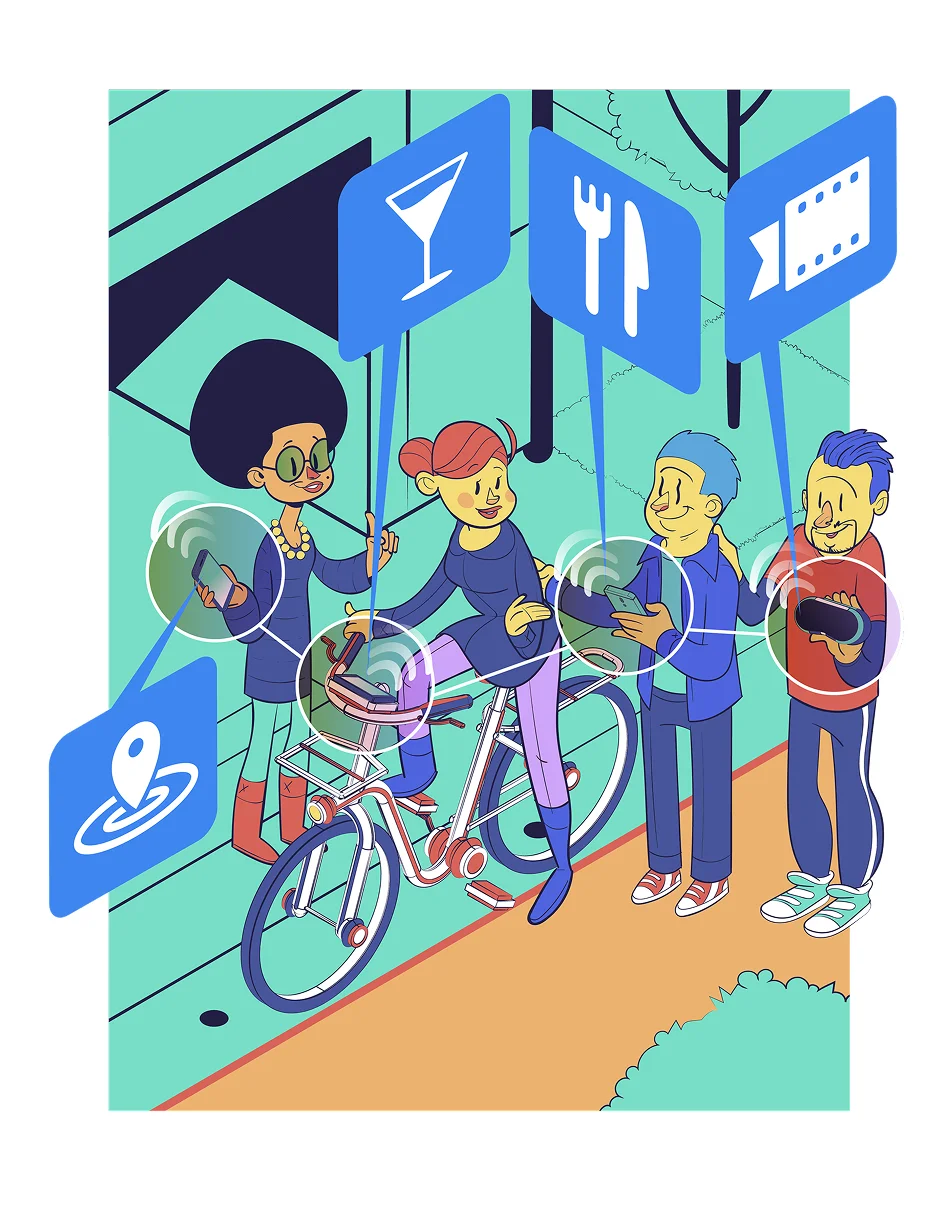 Four people interacting in a smart city, with icons for food, drinks, films, and location. One person is on a bicycle.