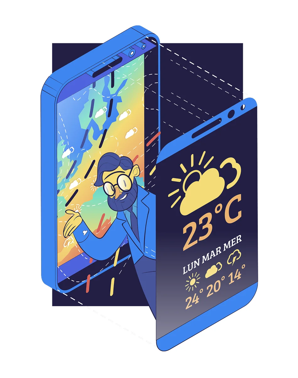 A modern smartphone displaying a weather app with a character pointing at the screen, showing sunny weather and temperature.