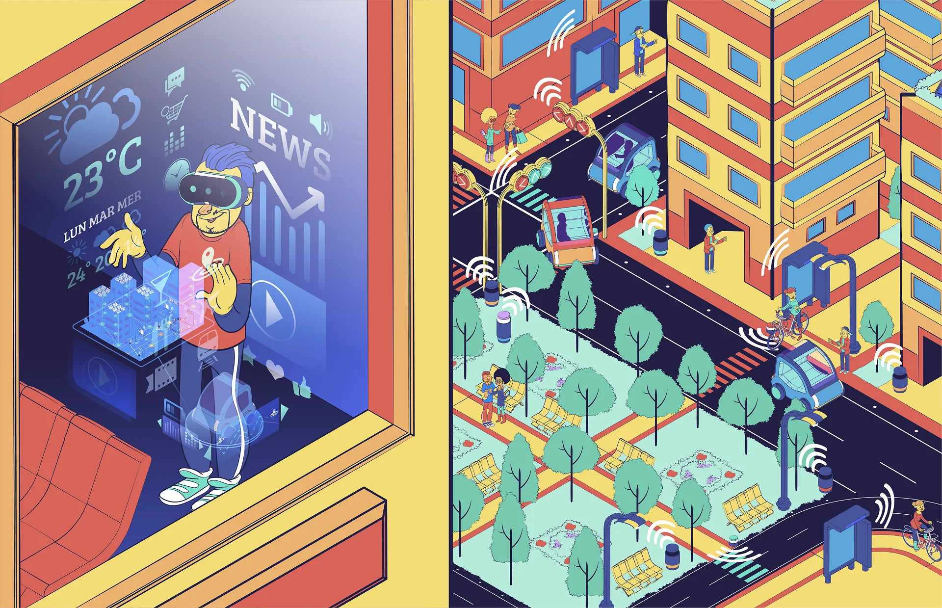 An illustration of a smart city, featuring a person in VR, streets, buildings, trees, and digital information displays.