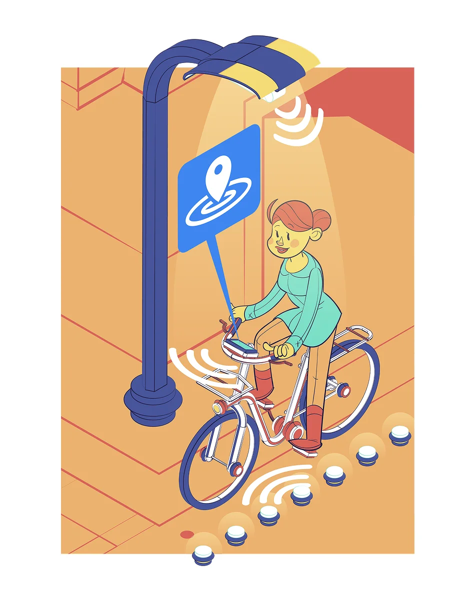 A cyclist navigates a smart city with a location sign and communication signals displayed around them.