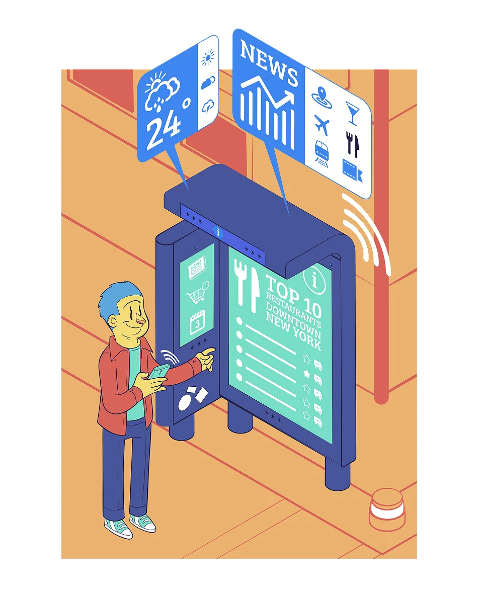 A person interacts with a digital information kiosk displaying weather, news, and top restaurant lists in a smart city.