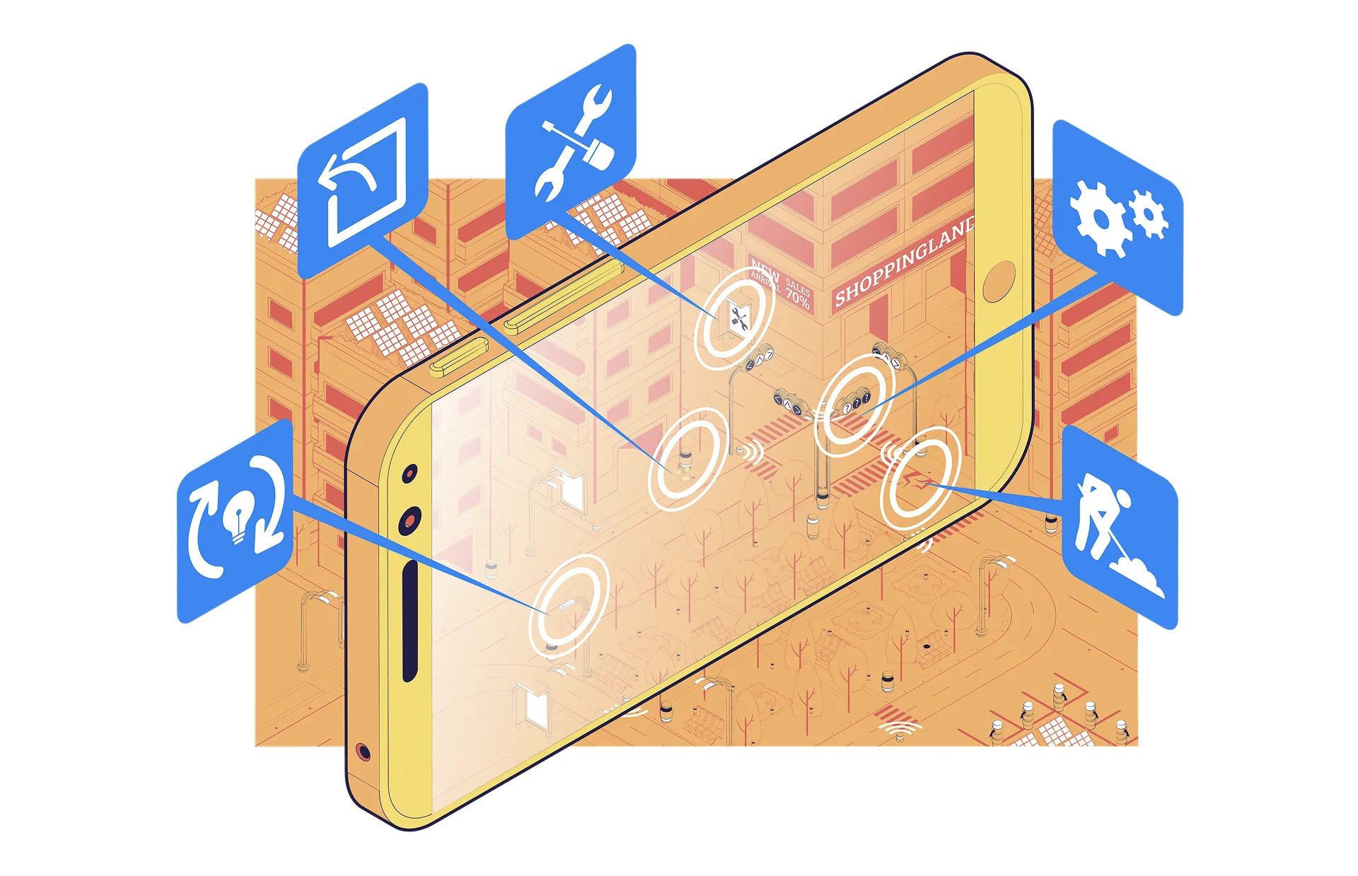 Smartphone graphic with icons representing urban technology features like tools, settings, and services for a smart city.