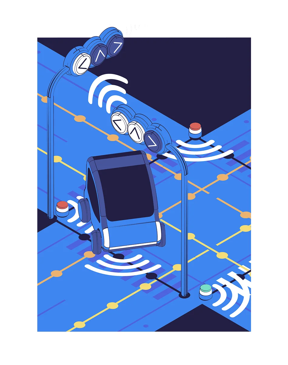 Smart city traffic signals with wireless indicators and pathways represented in a blue digital design.