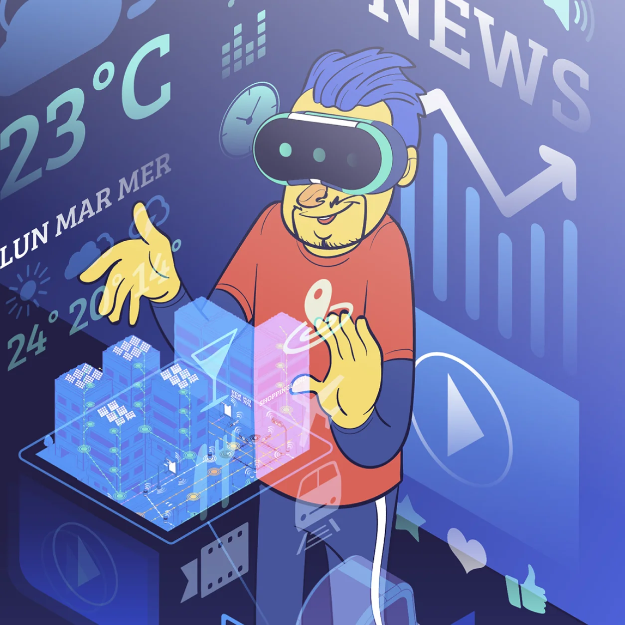 A person wearing a VR headset interacts with digital city models and data visualizations in a vibrant, tech-themed