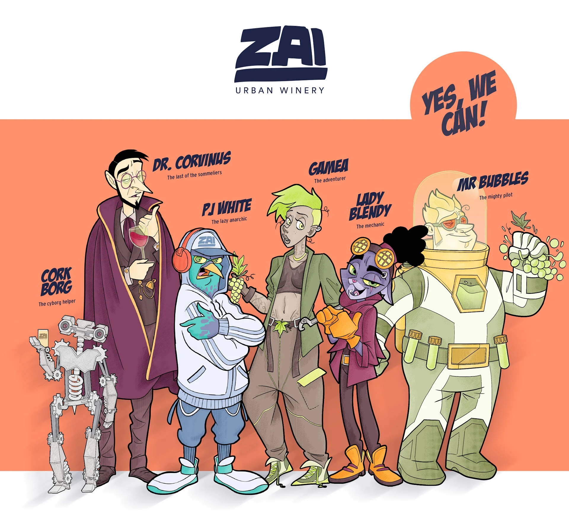 Five cartoon characters with distinct styles, standing together, promoting ZAI Urban Winery. Text: "YES, WE CAN!