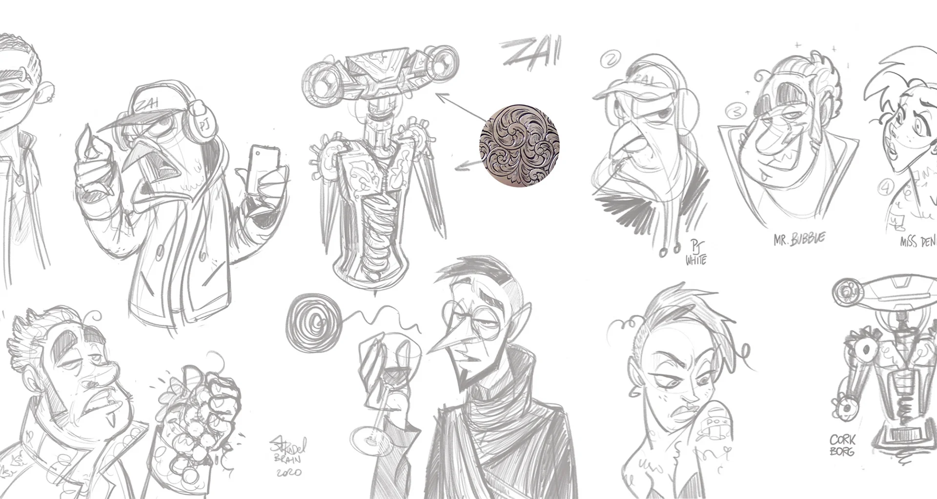 Sketches of various characters, including a robot and multiple stylized human figures with unique hairstyles and expressions.