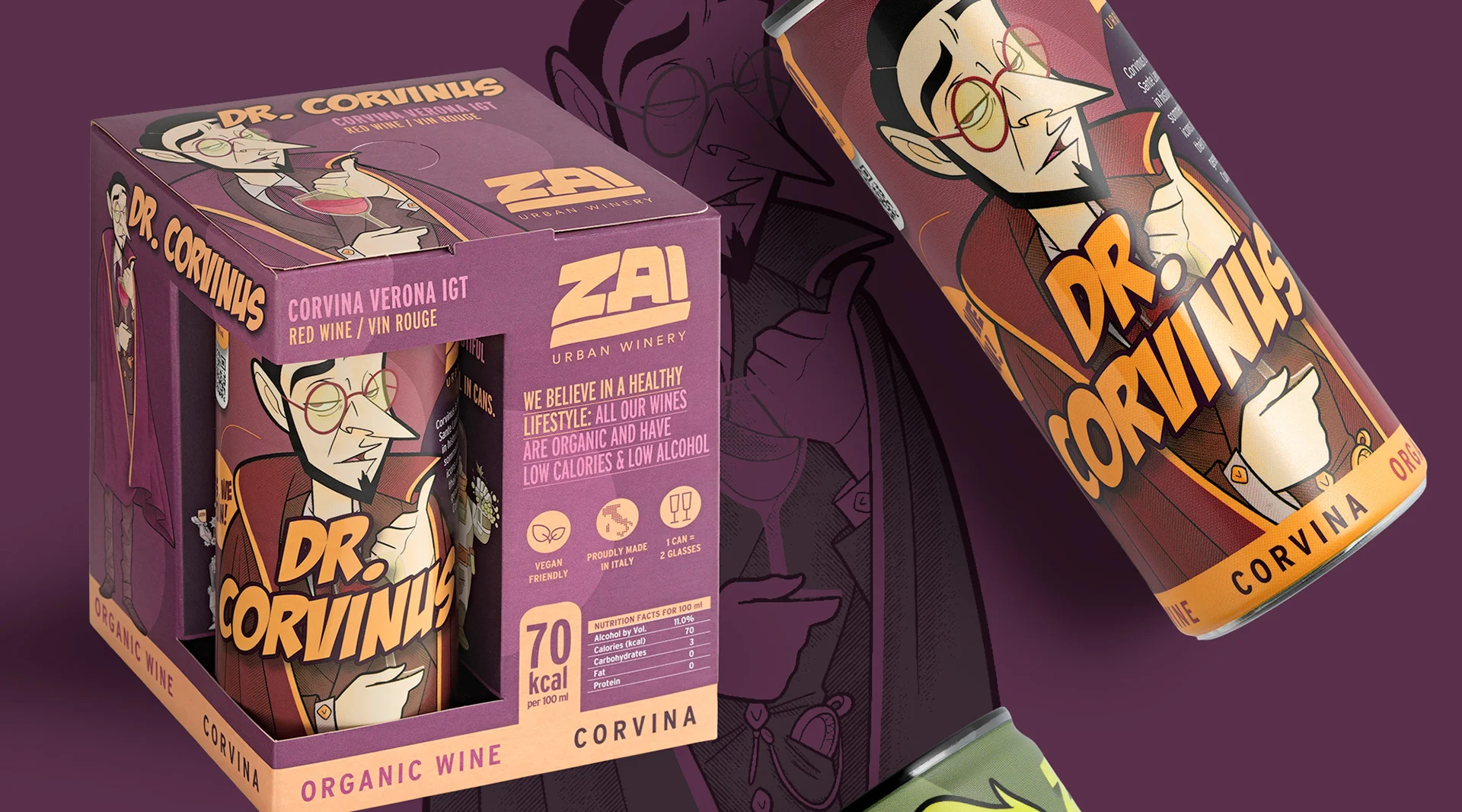 Carton and can design for "Dr. Corvinia" organic wine, featuring a cartoon character against a purple background.