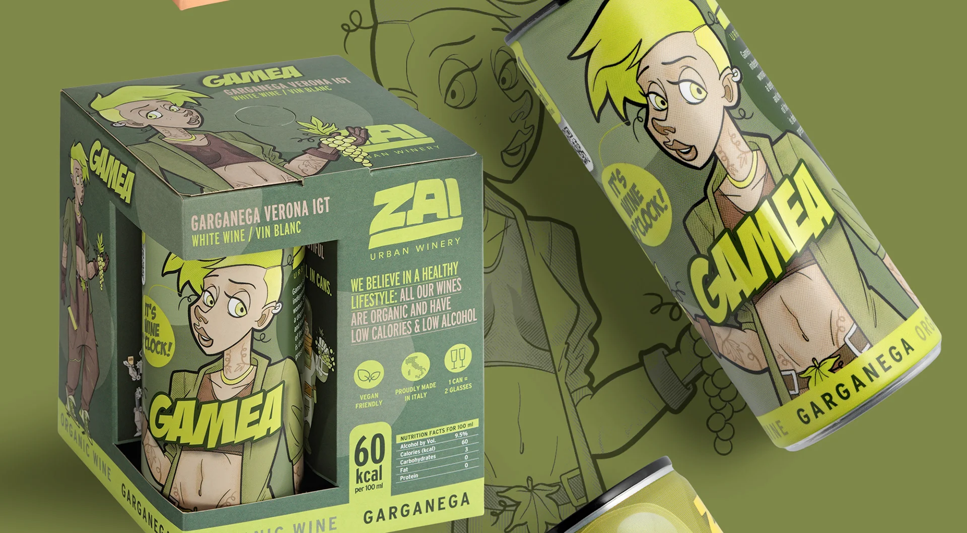 Canister and packaging design featuring a cartoon character with yellow hair and the word "GAMEA.