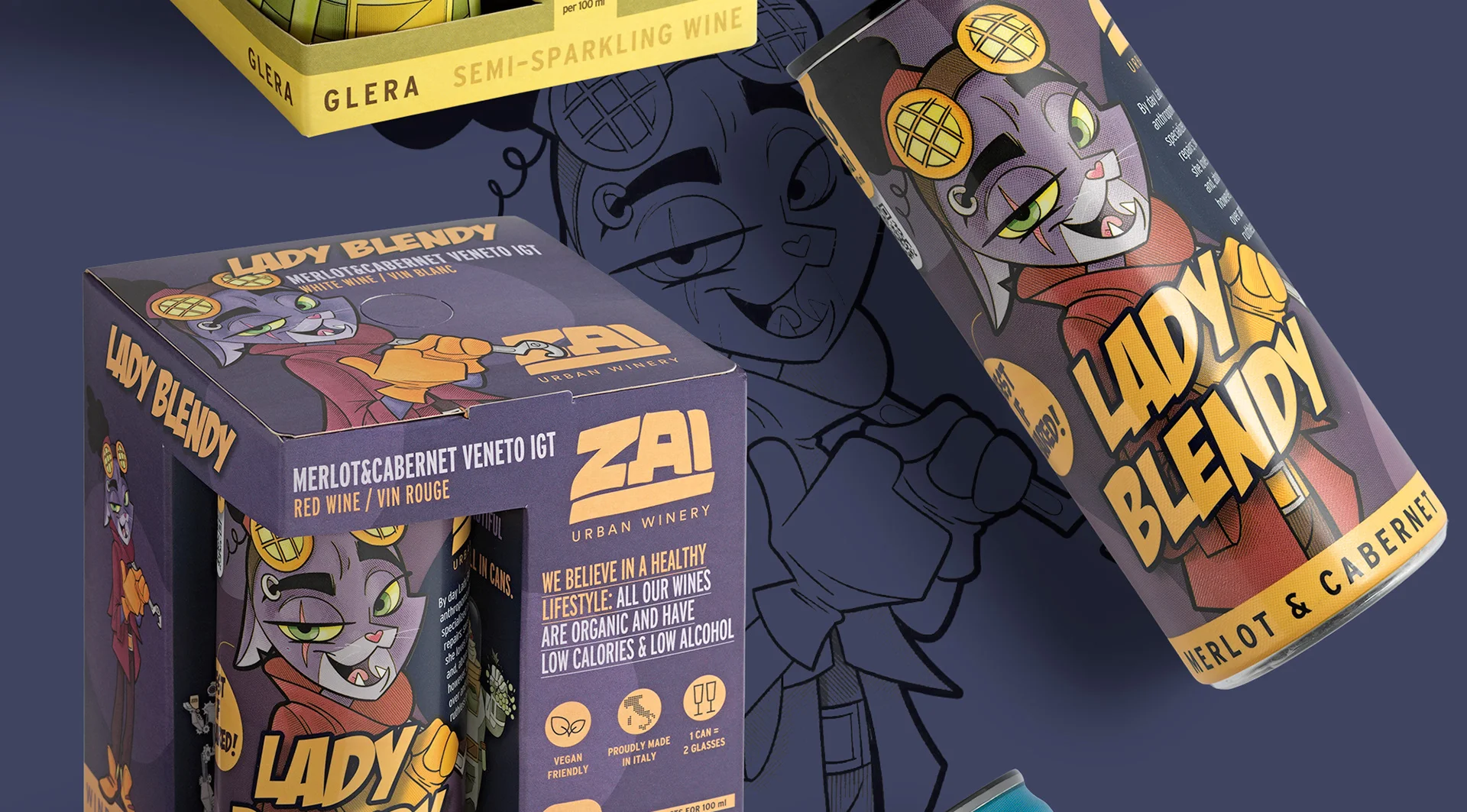 Colorful product packaging featuring a character named Lady Blend, with vibrant graphics and text, on a dark background.