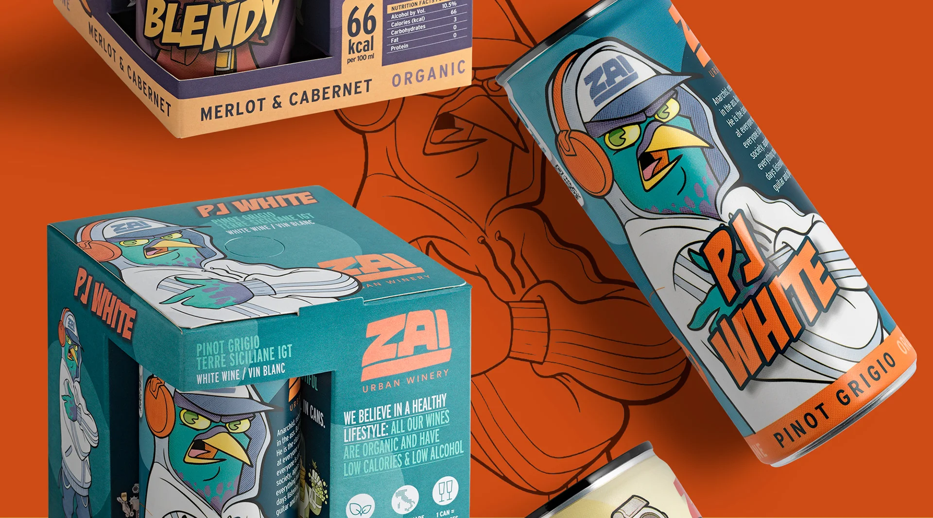 Colorful packaging of Zai wine cans featuring a cartoon duck and playful design with "PJ White" and "Blendy" labels.