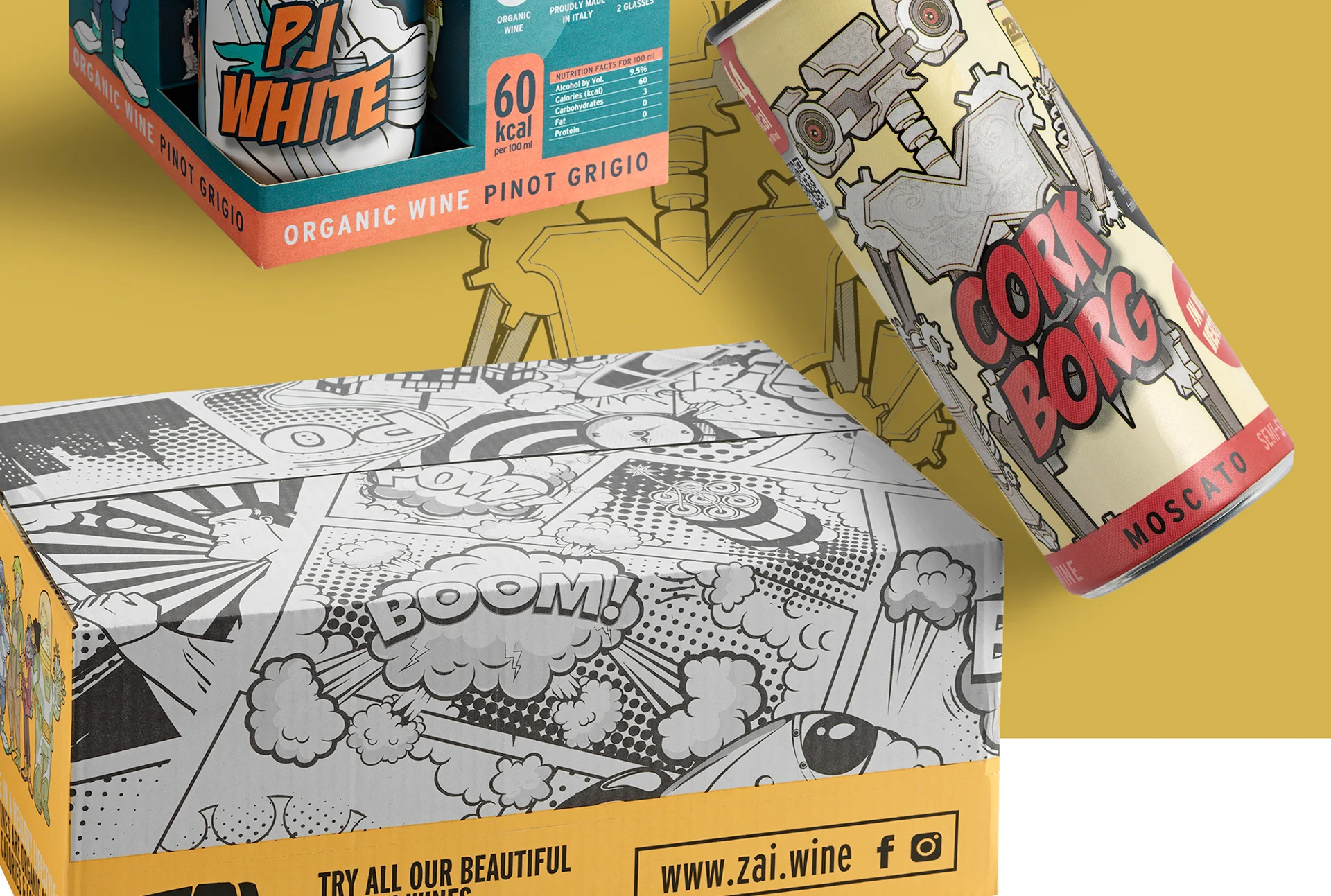 Packaging design featuring cans of organic wine and a colorful comic-style box with graphics and text.