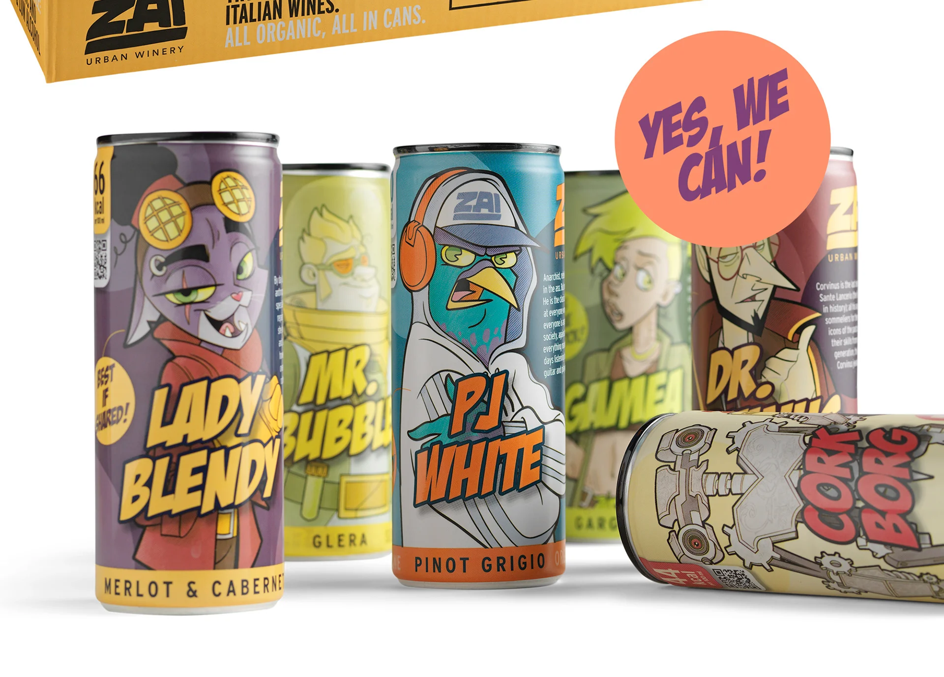 Colorful beverage cans with quirky character designs, labeled with names like "Lady Blend" and "PJ White.