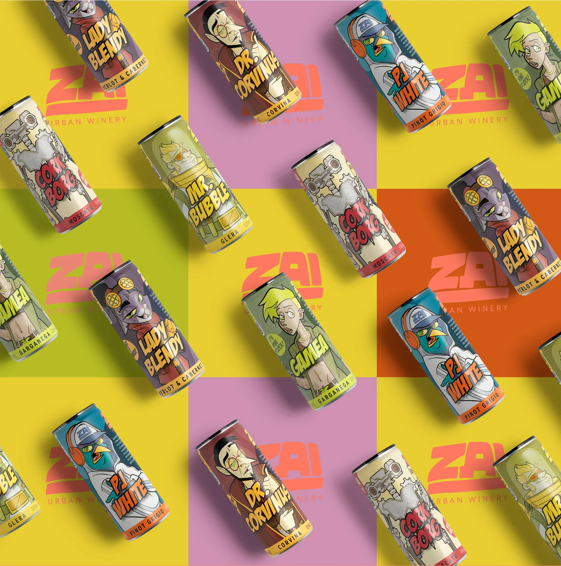 Colorful assortment of beverage cans arranged on a vibrant patterned background.