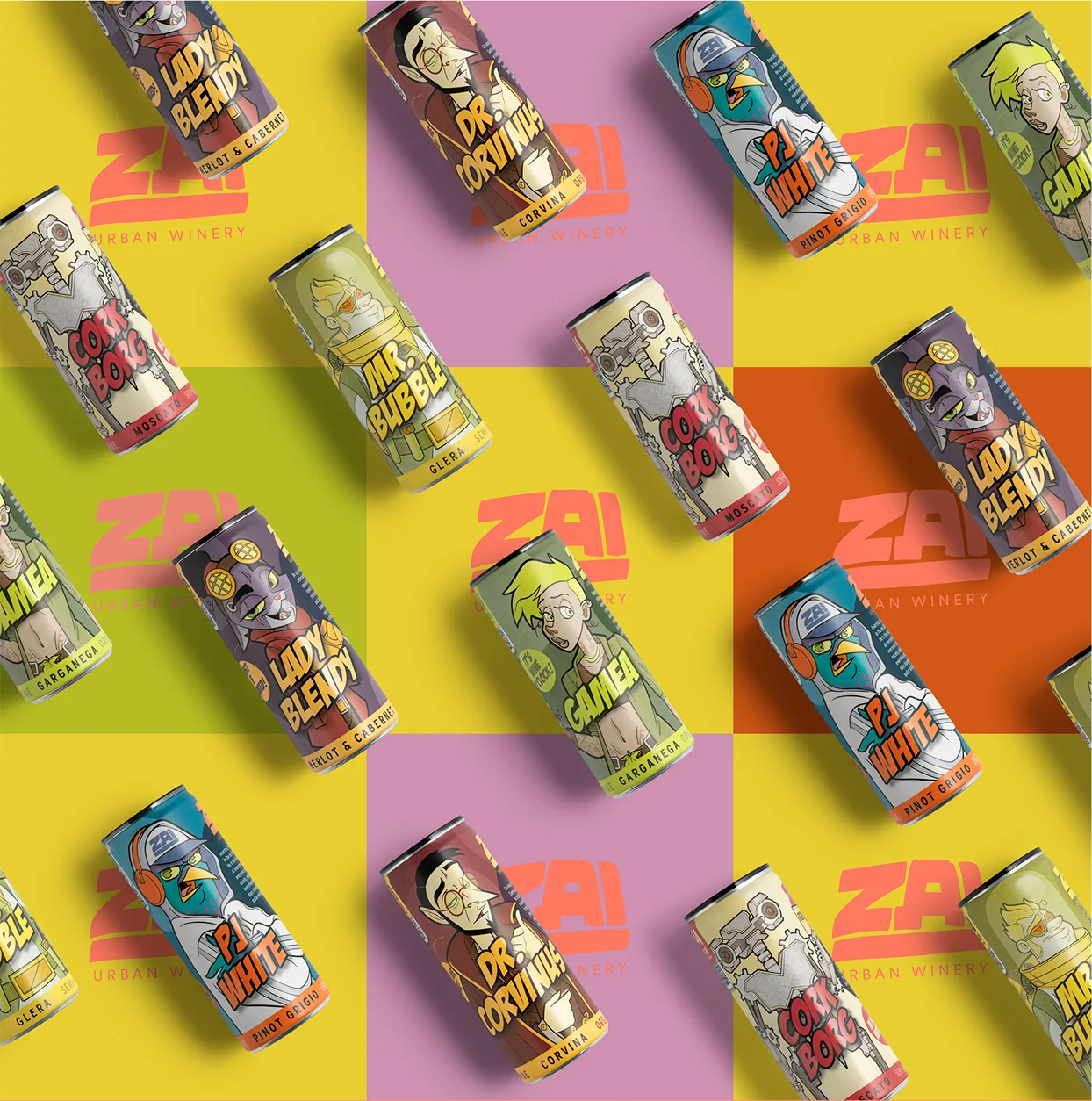 Colorful cans of flavored beverages arranged on a multicolored background.