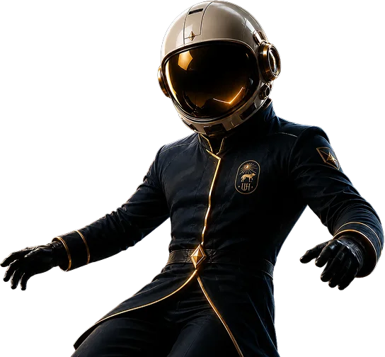 Astronaut in a sleek black suit with golden accents and a reflective helmet, poised in a dynamic stance.